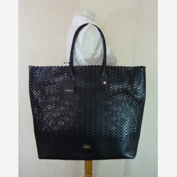 FURLA Onyx/Black Perforated Convertible Melissa Tote Bag $378 Made in Italy